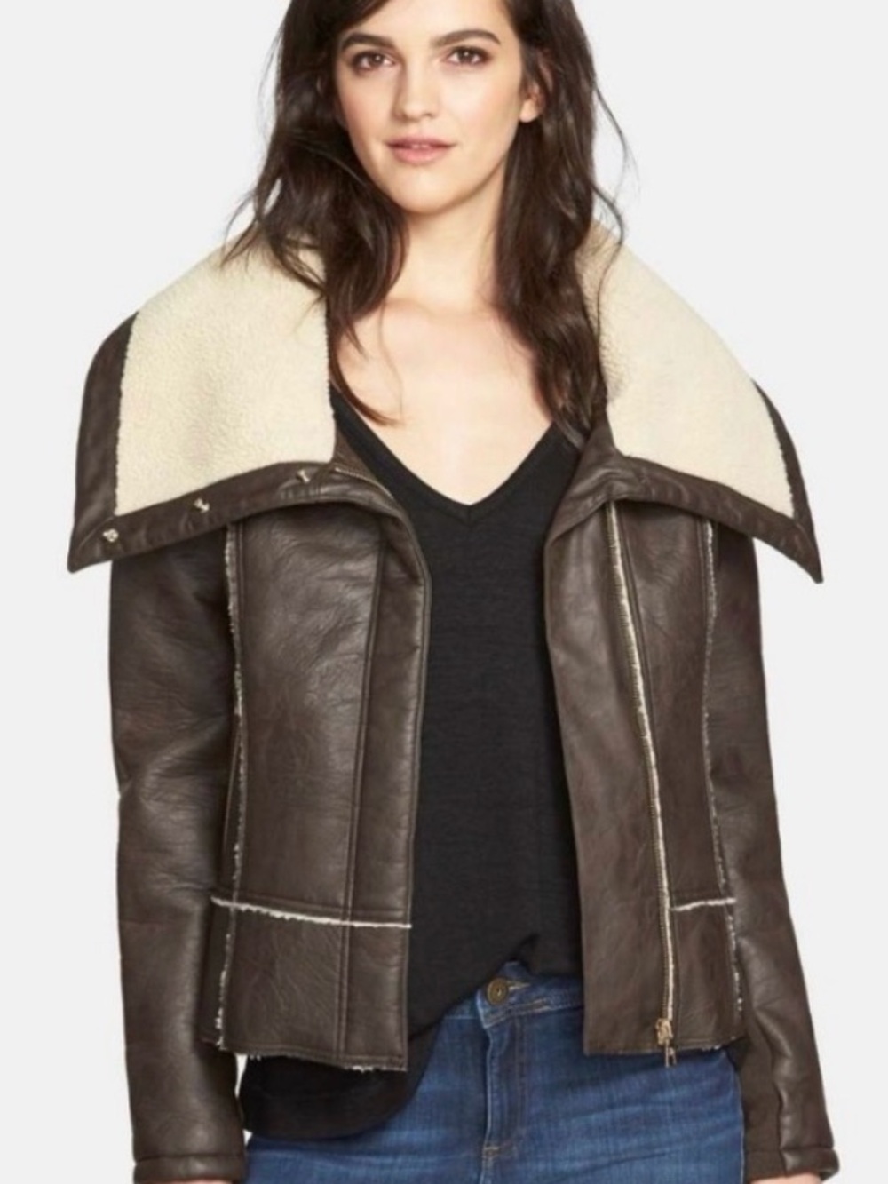 Sam Edelman Bomber Zip Brown Caitlyn Aviator Moto Leather Jacket Womens Xsmall
